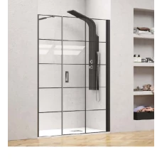 Параван за баня NERO PRIVOT PORTA 5 , стационарно стъкло и врата, 100-1300х200 см, черен мат